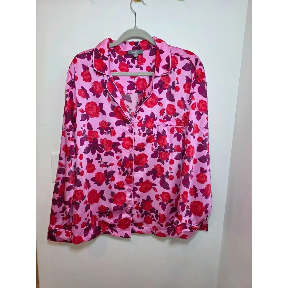 LOFT Pink Floral Silky Pajama Set Size XXL / 2X Satin Notch Colar